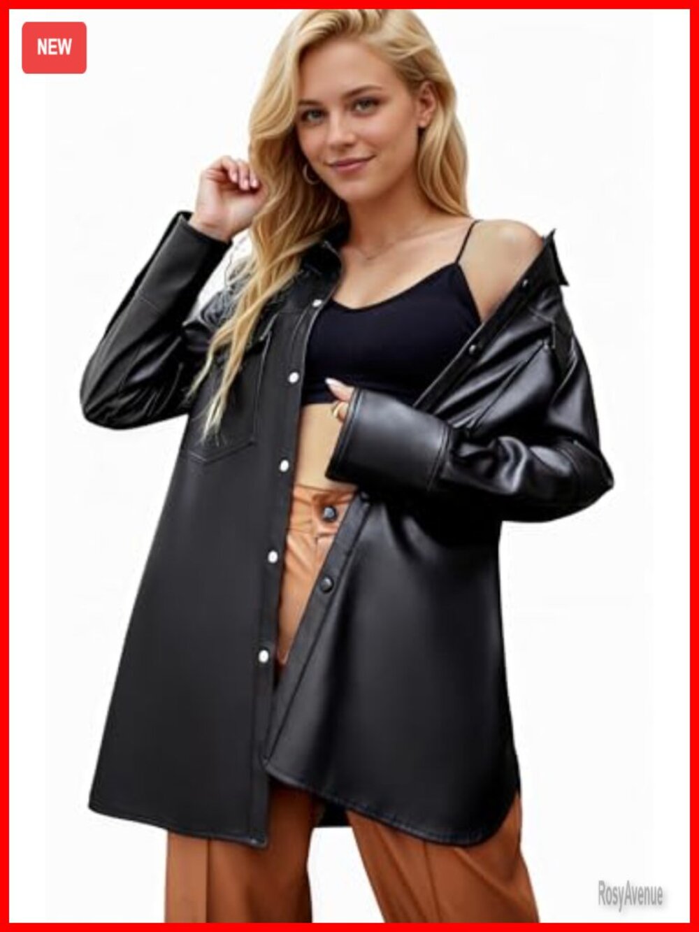 Faux Leather Shacket Button Down Lapel Shirt Jacket Relaxed Fit